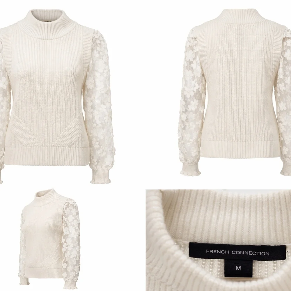 French Connection Cream Sweater with Floral Lace Sleeves - Picture 3 of 3